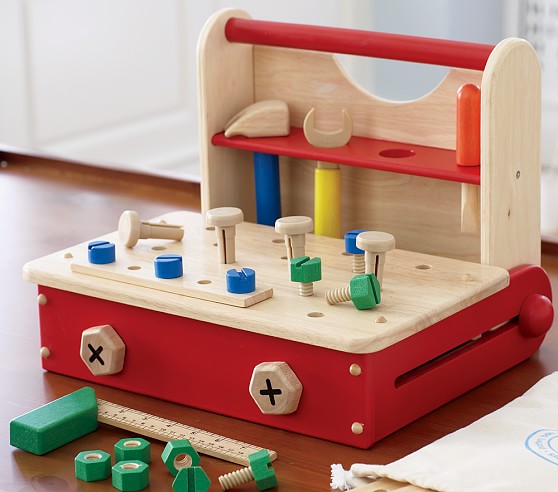 childs wooden work bench and tools